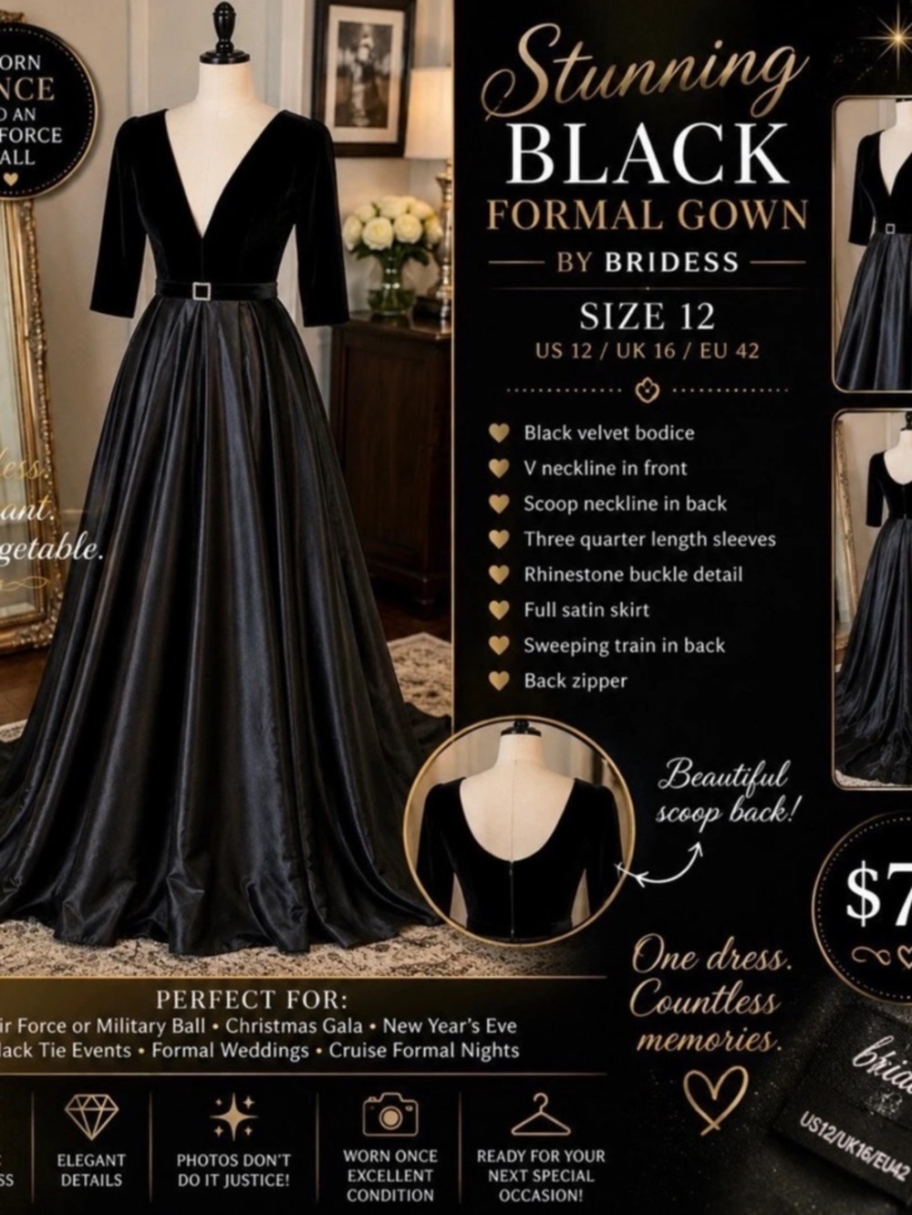 Bridess Black Velvet Bodice Maxi Dress Size 12 Like New